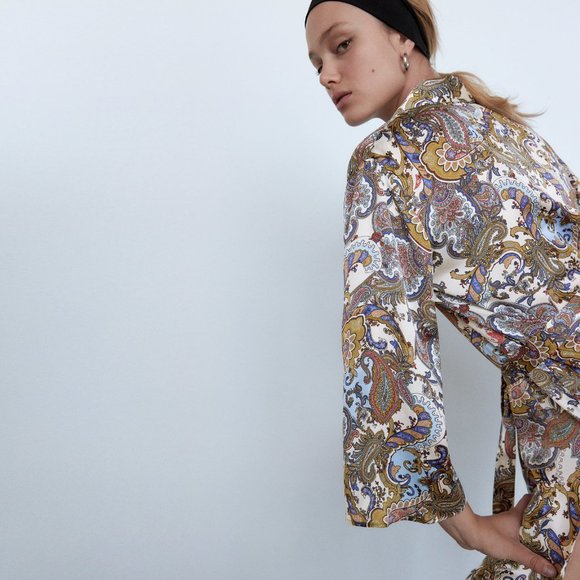 NEW! Zara Satin Kimono Style Paisley Pattern Tunic Mini Dress, Belted Oversized - Picture 3 of 15